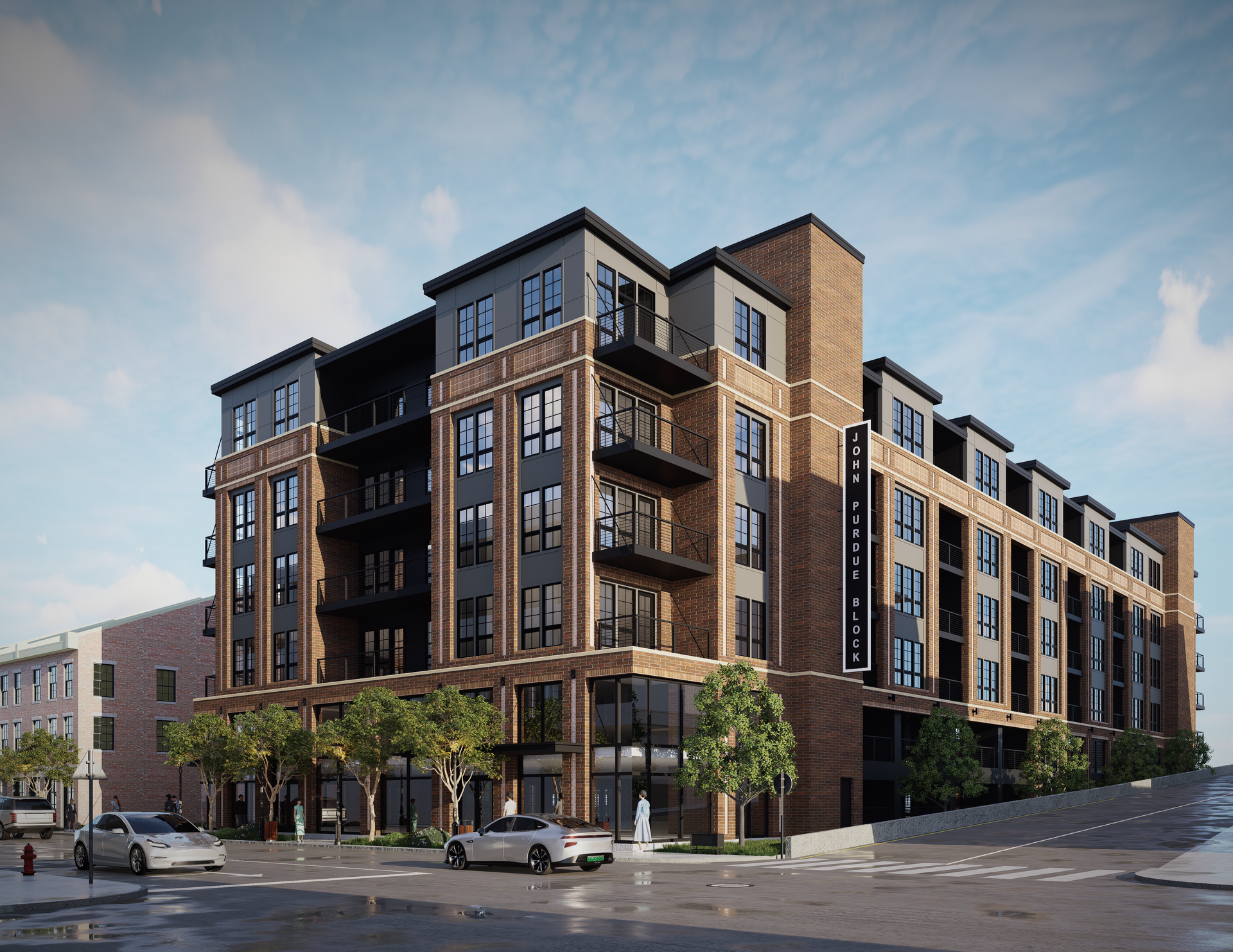 Modern brick apartment building, with dark accents, balconies, and street-level storefronts. Cars and trees are in view.