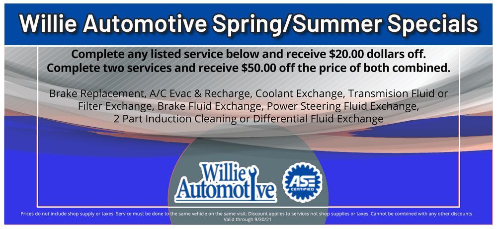an advertisement for willie automotive spring and summer specials