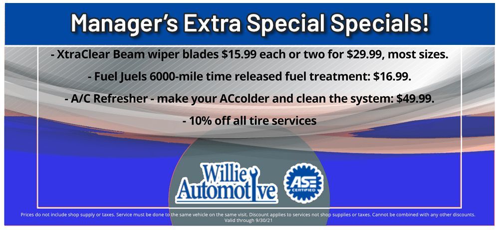 an ad for manager 's extra specials at willie 's automotive