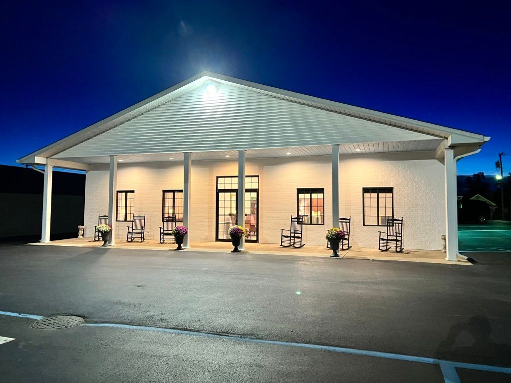 Exterior view at night of Eric MD Bell Funeral Home & Cremation Services in Pittsboro, IN. 