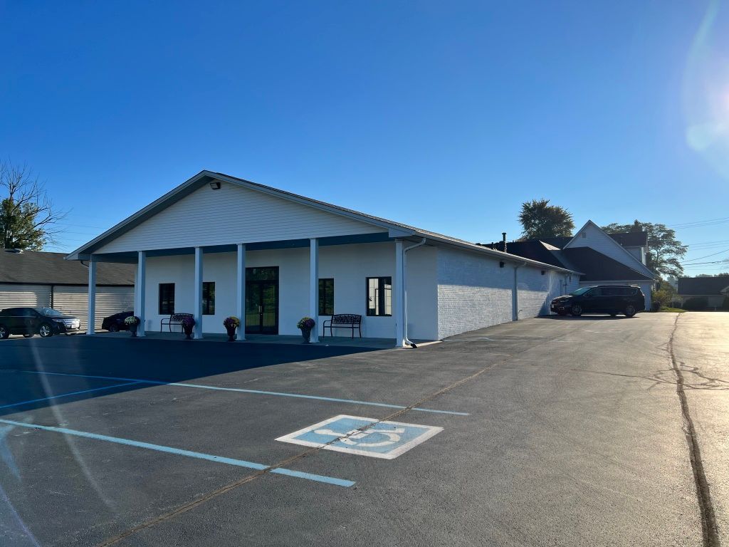 Exterior view at night of Eric MD Bell Funeral Home & Cremation Services in Pittsboro, IN. 