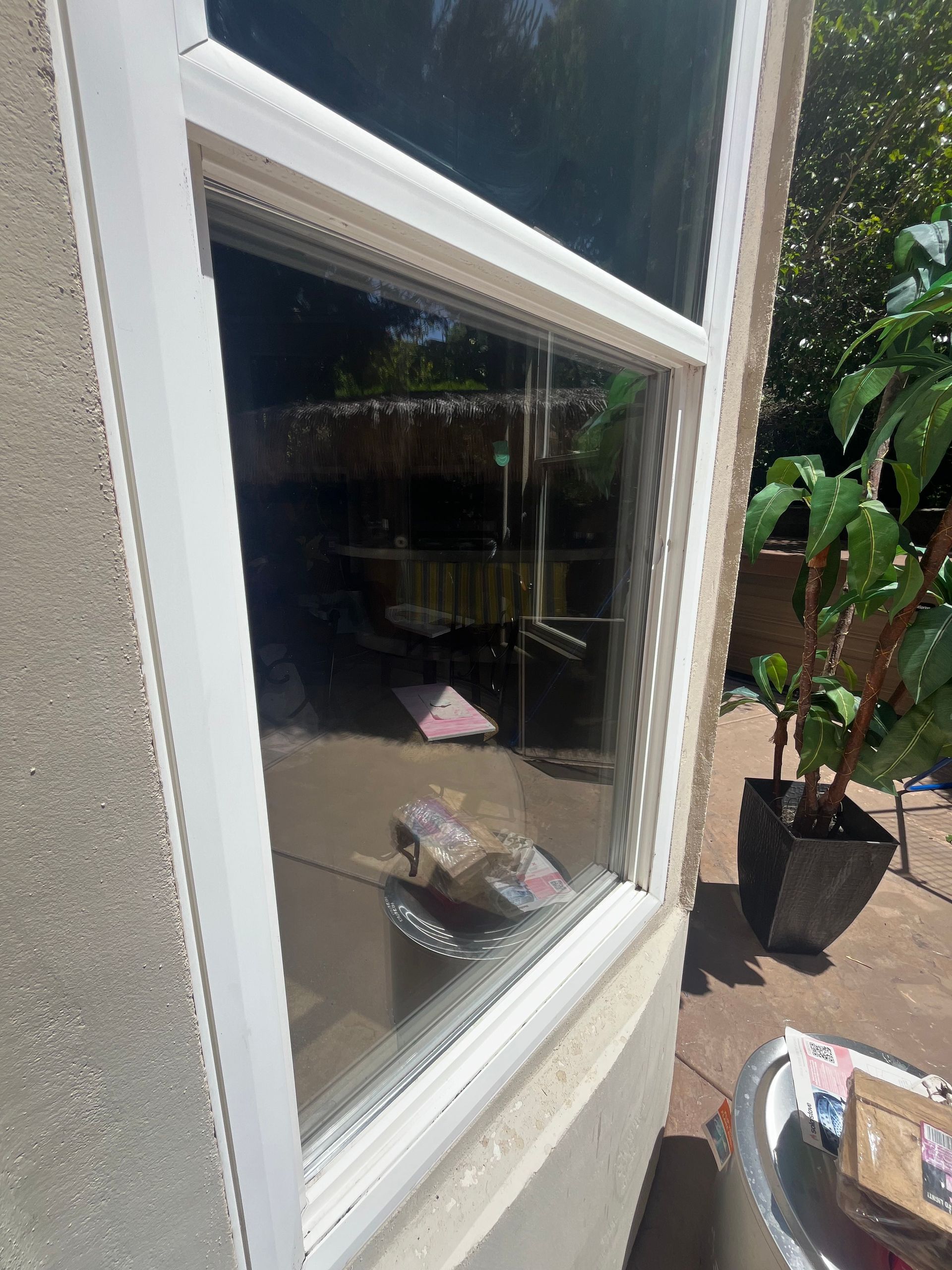 A close-up, angled view of a white-framed window on a stucco wall, with a potted plant visible in the background.