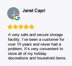 Review from Janet Capri, 5-star rating for a safe and secure storage facility she has used for 15+ years.