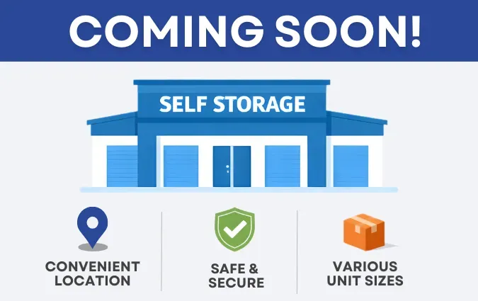 Coming Soon graphic with a self storage building
