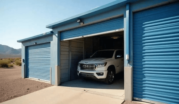 White truck inside a blue storage unit with an open door. Desert background.