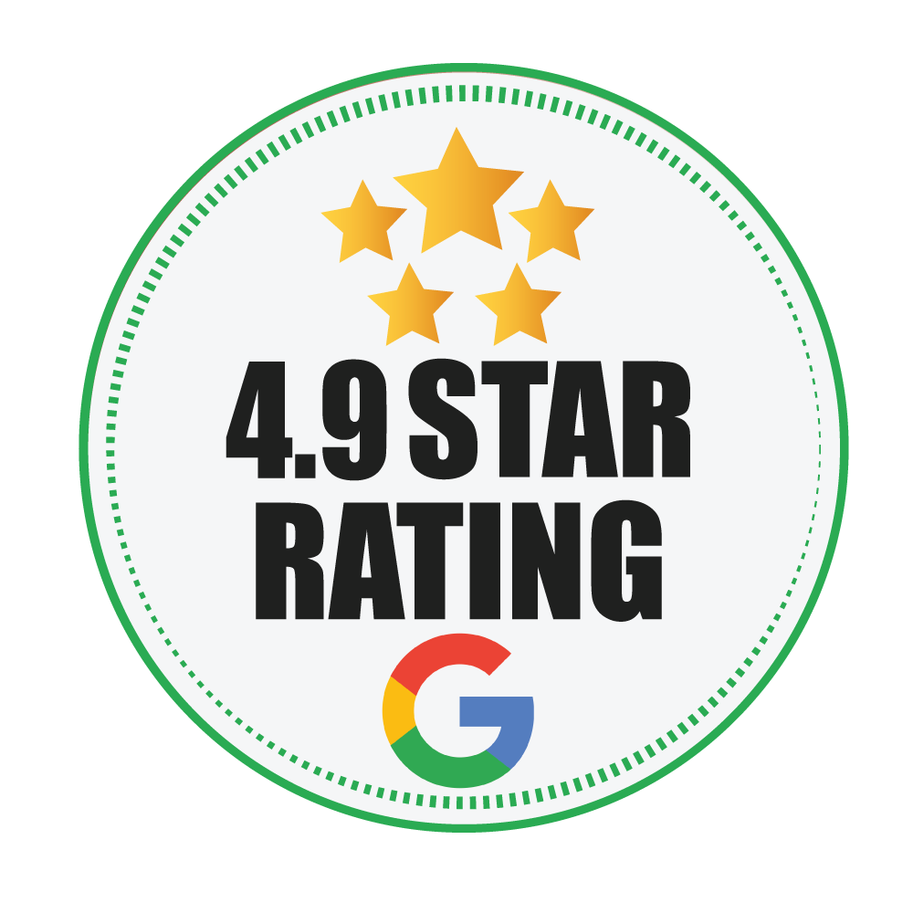 A 4.9 star rating badge with a google logo on it.