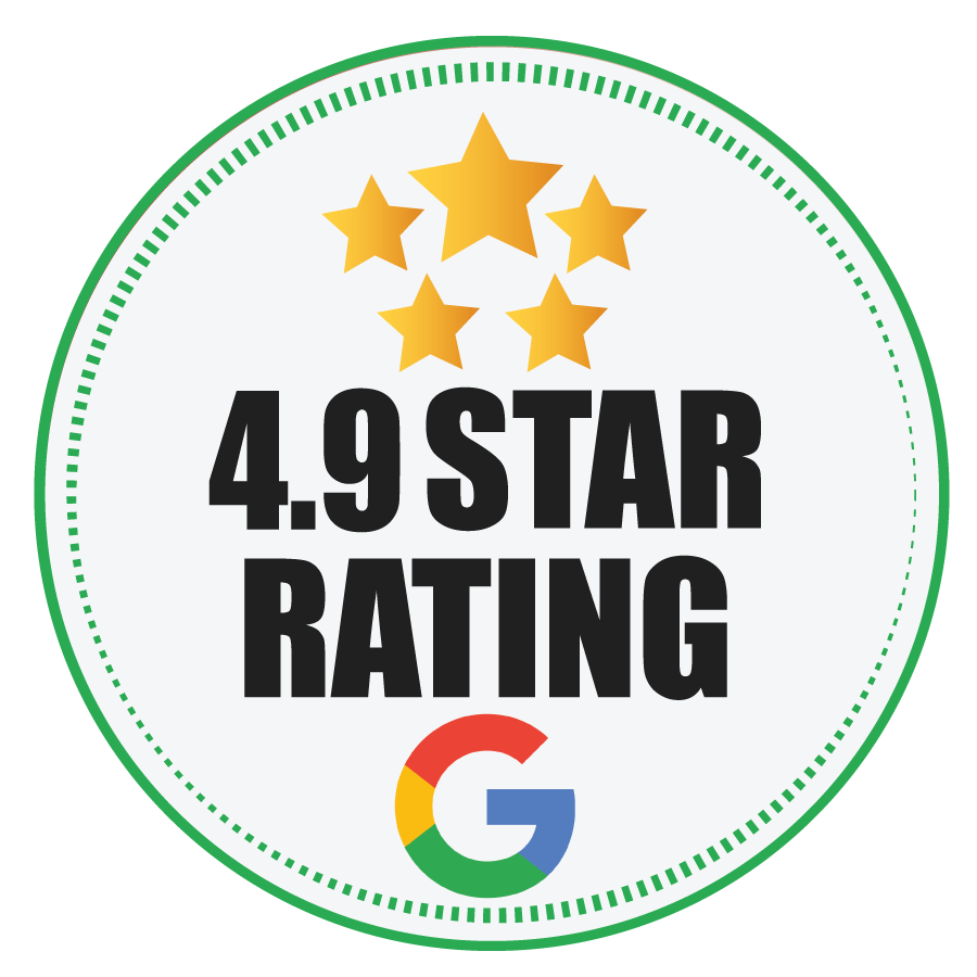 A 4.9 star rating badge with a google logo on it.