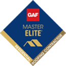 A logo for a roofing company called gaf master elite residential roofing contractors.