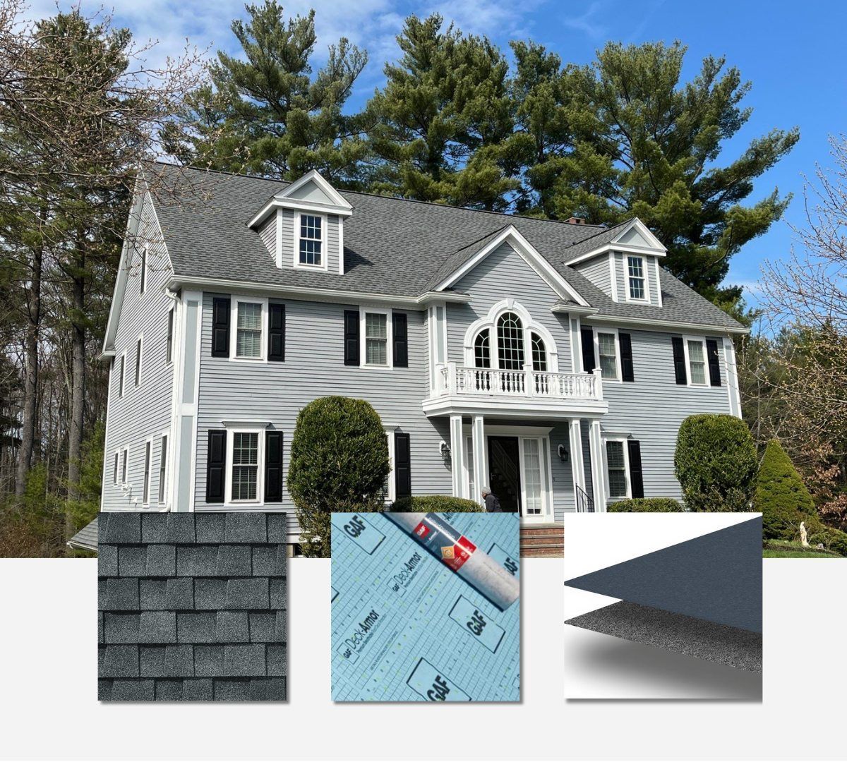 A picture of a house with a blue roof