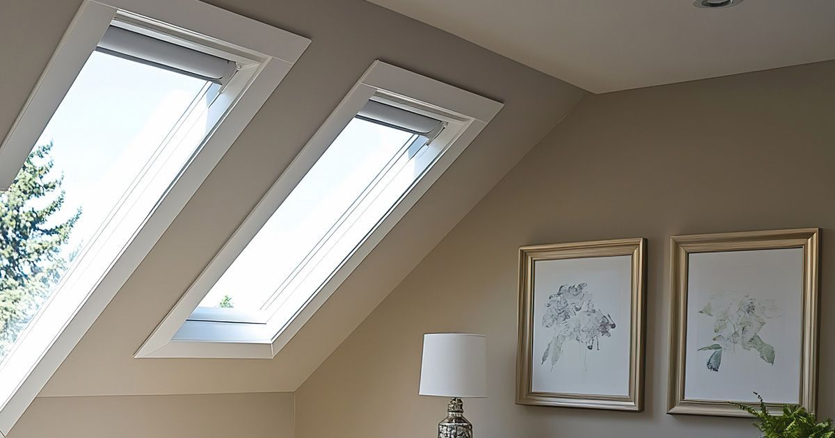 Looking up at a skylight in a room with a wooden ceiling.