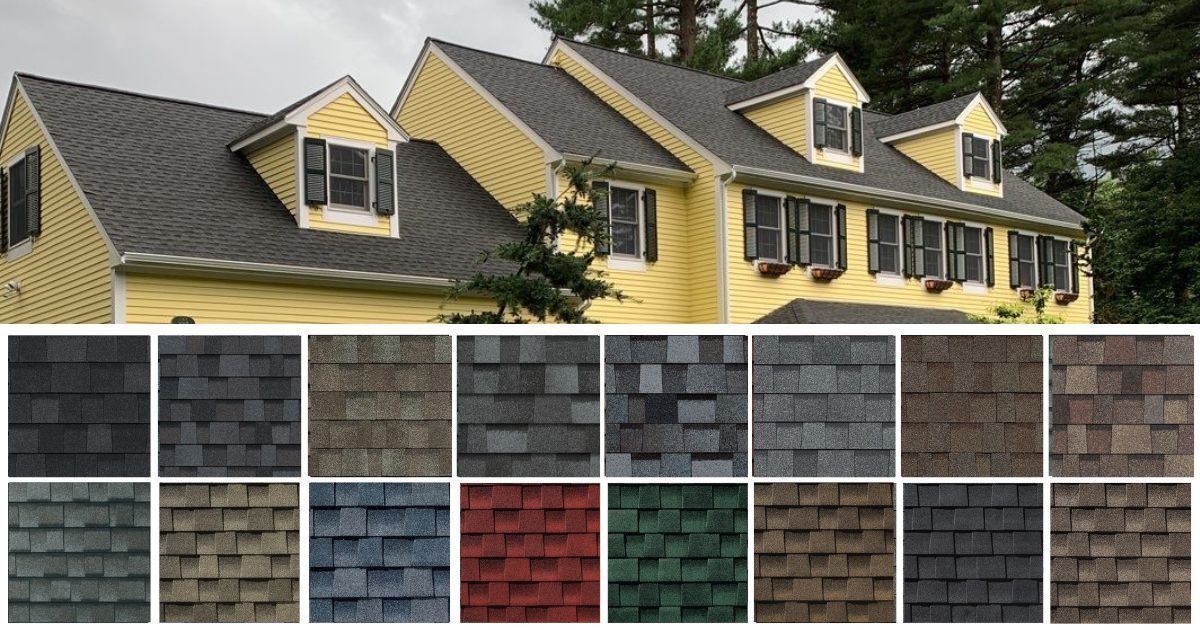 Yellow house with gray shingle roof, with color samples of roofing shingles displayed below.