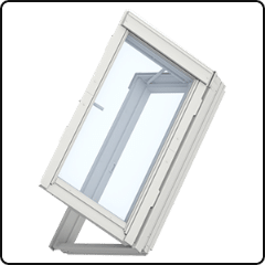 A white window with a clear glass is open on a white background