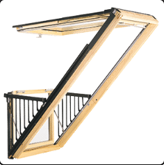 A wooden window with a black railing attached to it