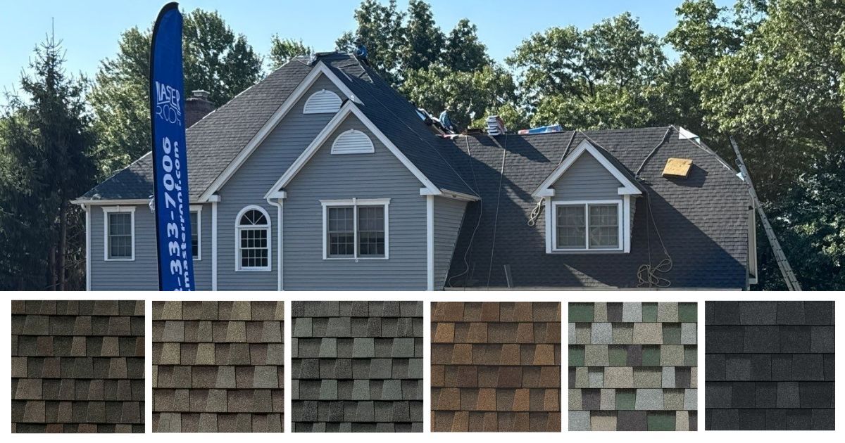 Yellow house with gray shingle roof, with color samples of roofing shingles displayed below.
