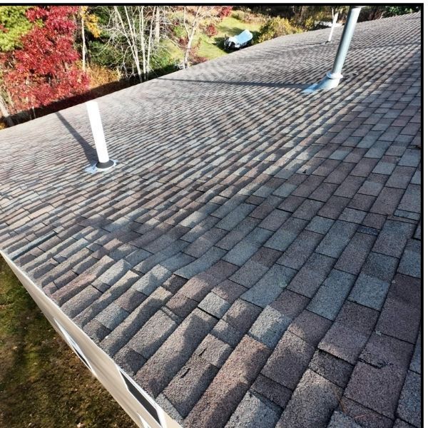 Asphalt shingle roof with two vents, angled view. Brown and gray shingles, sunlight, surrounded by trees.