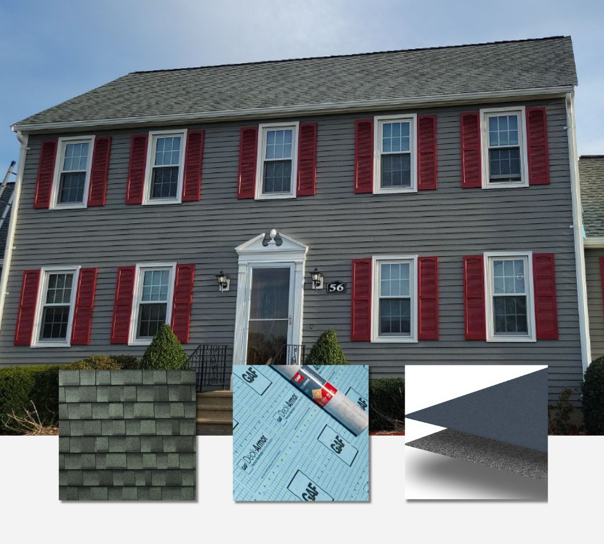 A house with red shutters on the windows