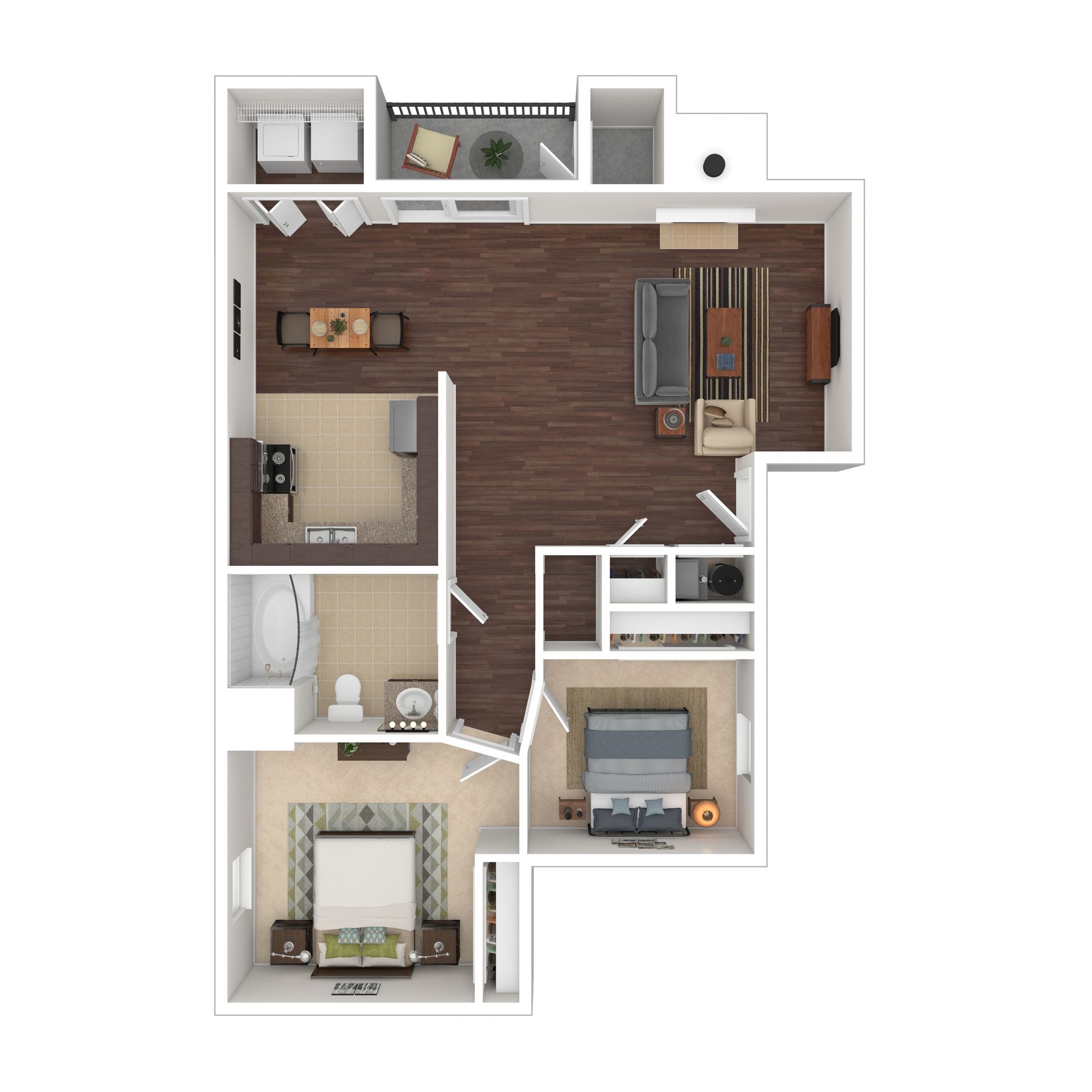 Floor plan of a two-bedroom apartment, showing rooms with furniture and appliances.
