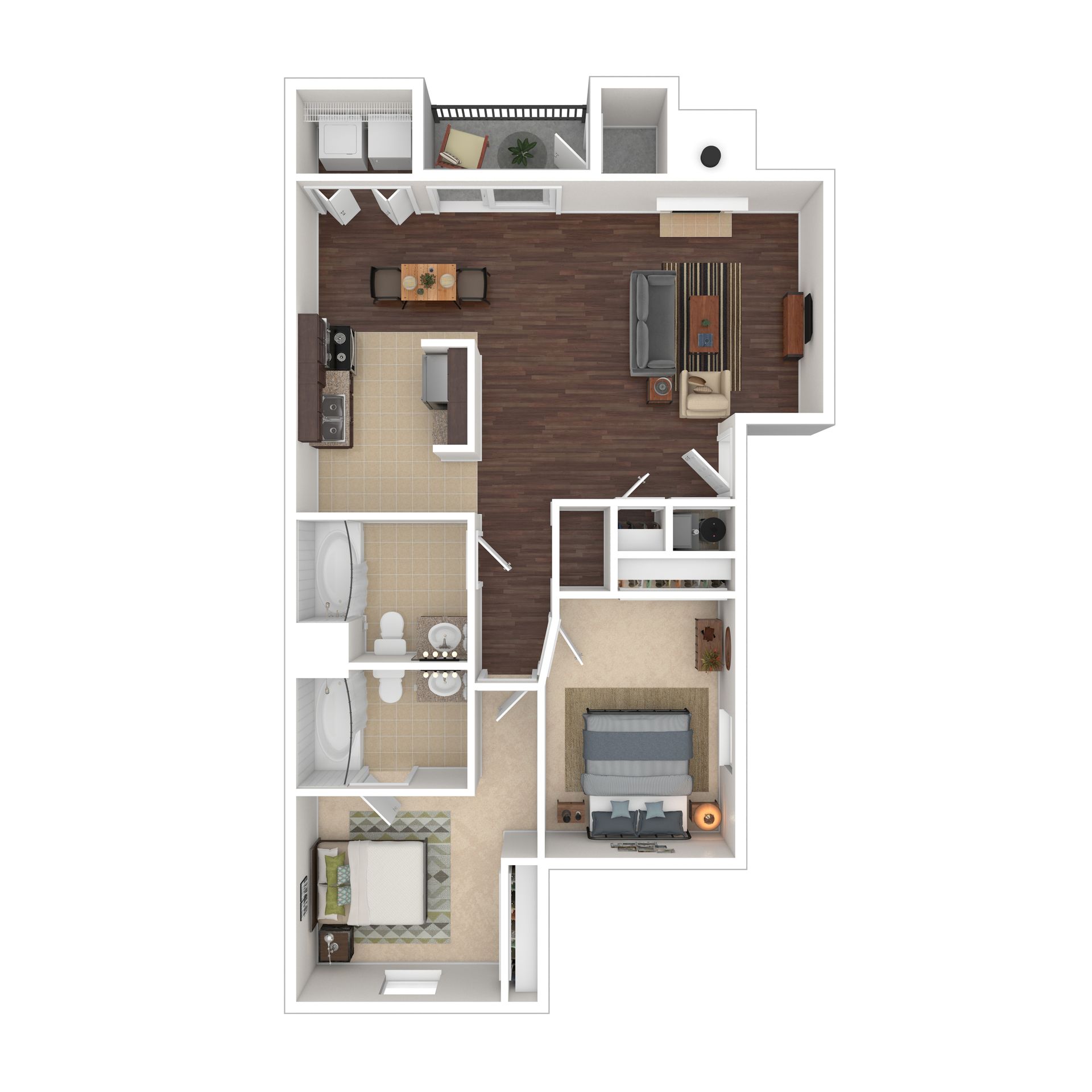 Floor plan of a 2-bedroom apartment with a living room, kitchen, bathrooms, and balcony.