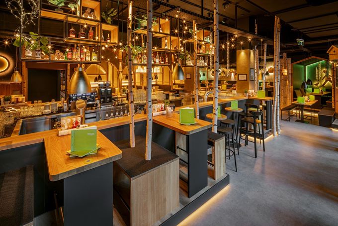 Innenausbau-Projekt Restaurantrenovierung Hans im Glück Wien - Innenraum, gemütliche Bar mit Birkenstämmen, Pflanzen & warmer Beleuchtung - Referenzprojekt für schlüsselfertigen Innenausbau Generalunternehmung