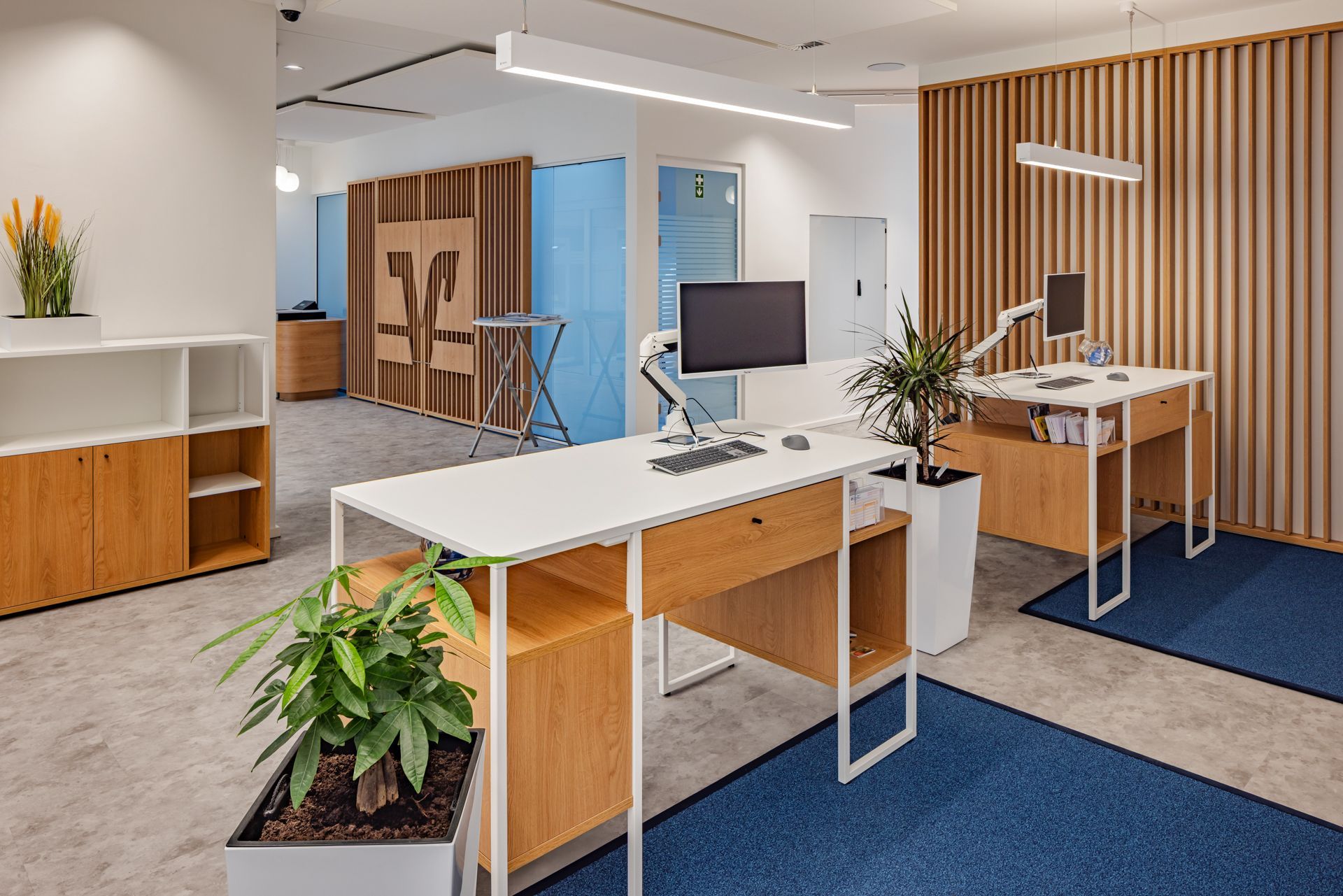 Moderner Büroumbau von EIS Aschaffenburg als Generalunternehmer - Bürorenovierung mit moderner Büroausstattung mit Holzelementen und Wandverkleidung - Büroprojekt Referenz Elkay Interior Systems GC