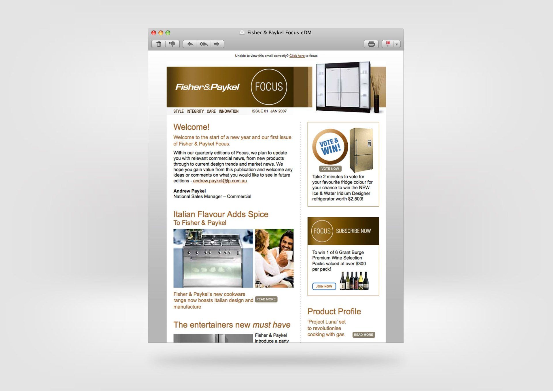 A computer screen shows an email for Fisher & Paykel