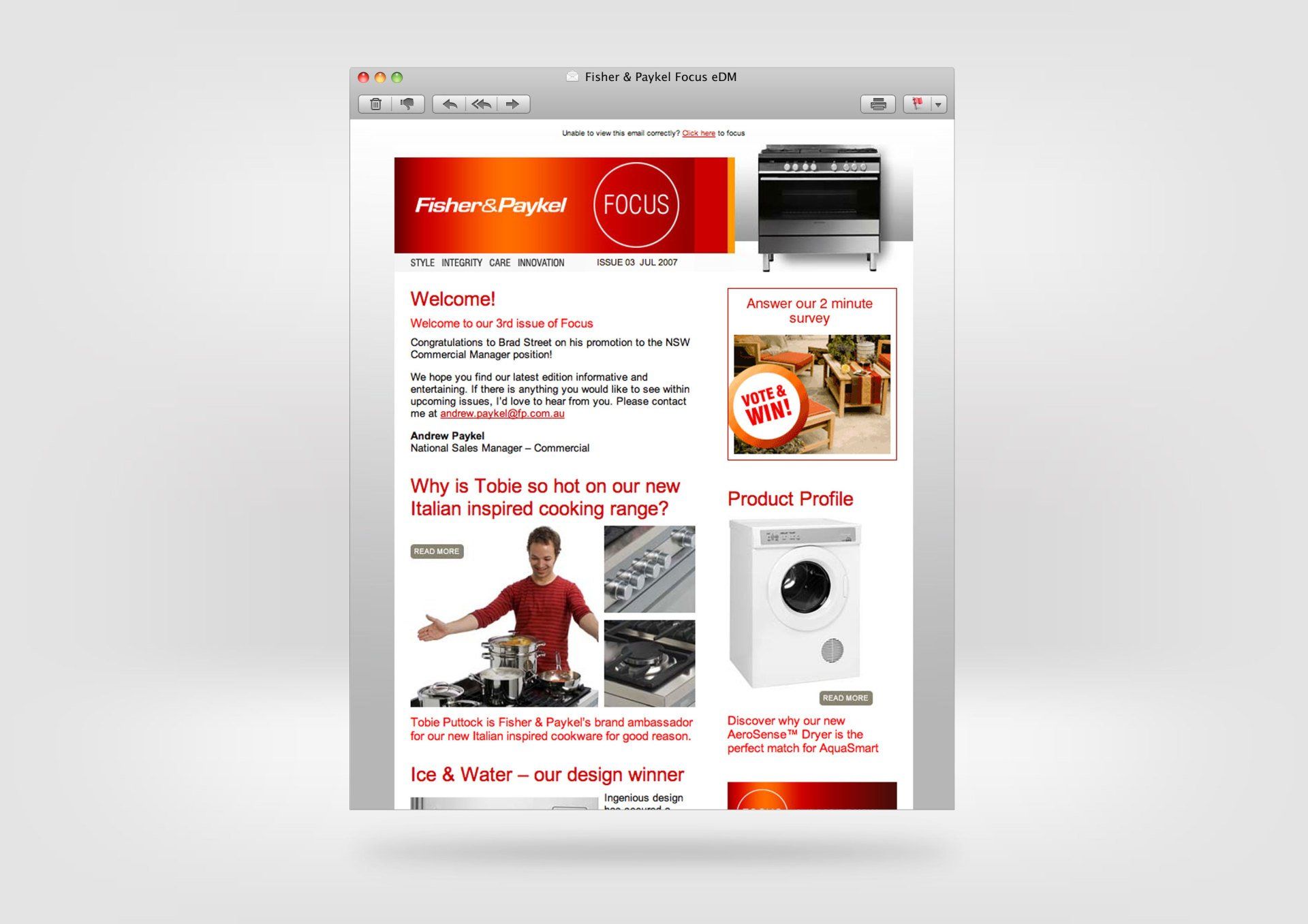 A computer screen shows an email for Fisher & Paykel