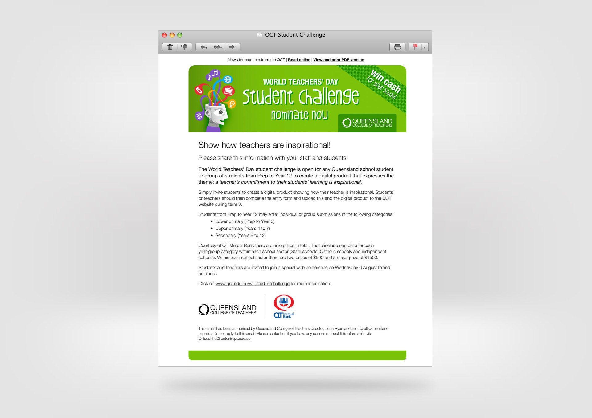 A computer screen displays a QCT Email with a green and white banner and the words 'Student Challenge'. 