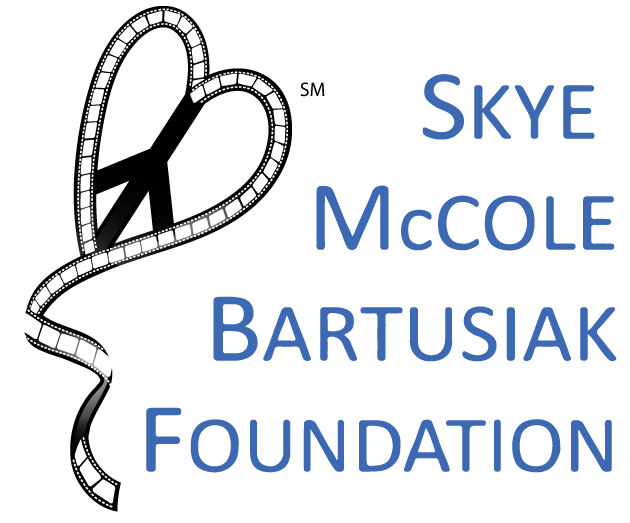 Skye McCole Bartusiak Foundation logo: heart and filmstrip design, blue text.