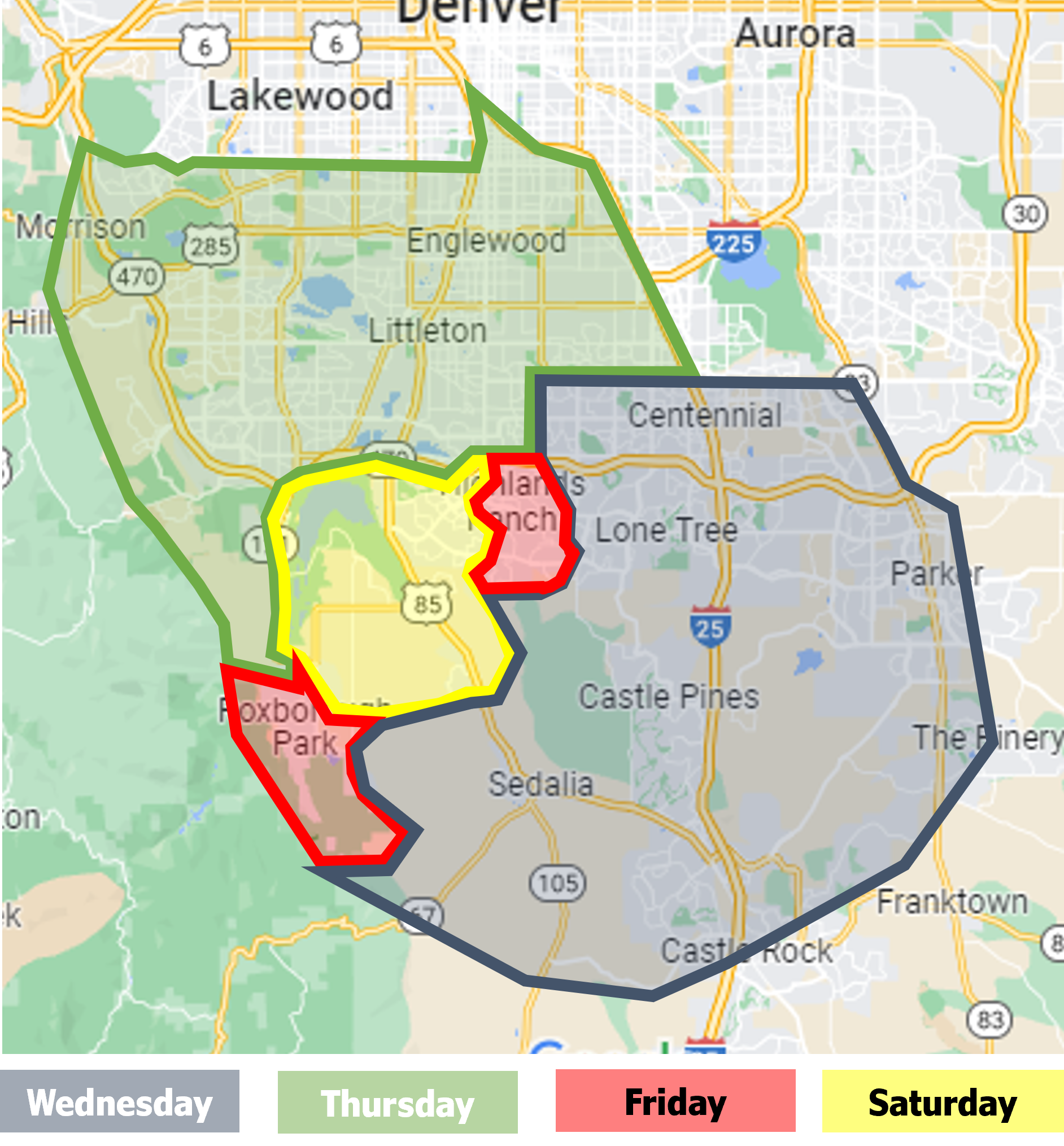 A map of denver showing the days of the week.