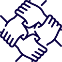 A group of people are shaking hands in a circle.