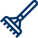 Blue rake, handle at an angle.