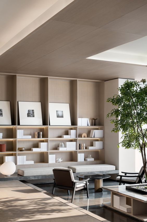 Un living cu multă mobilă și rafturi.