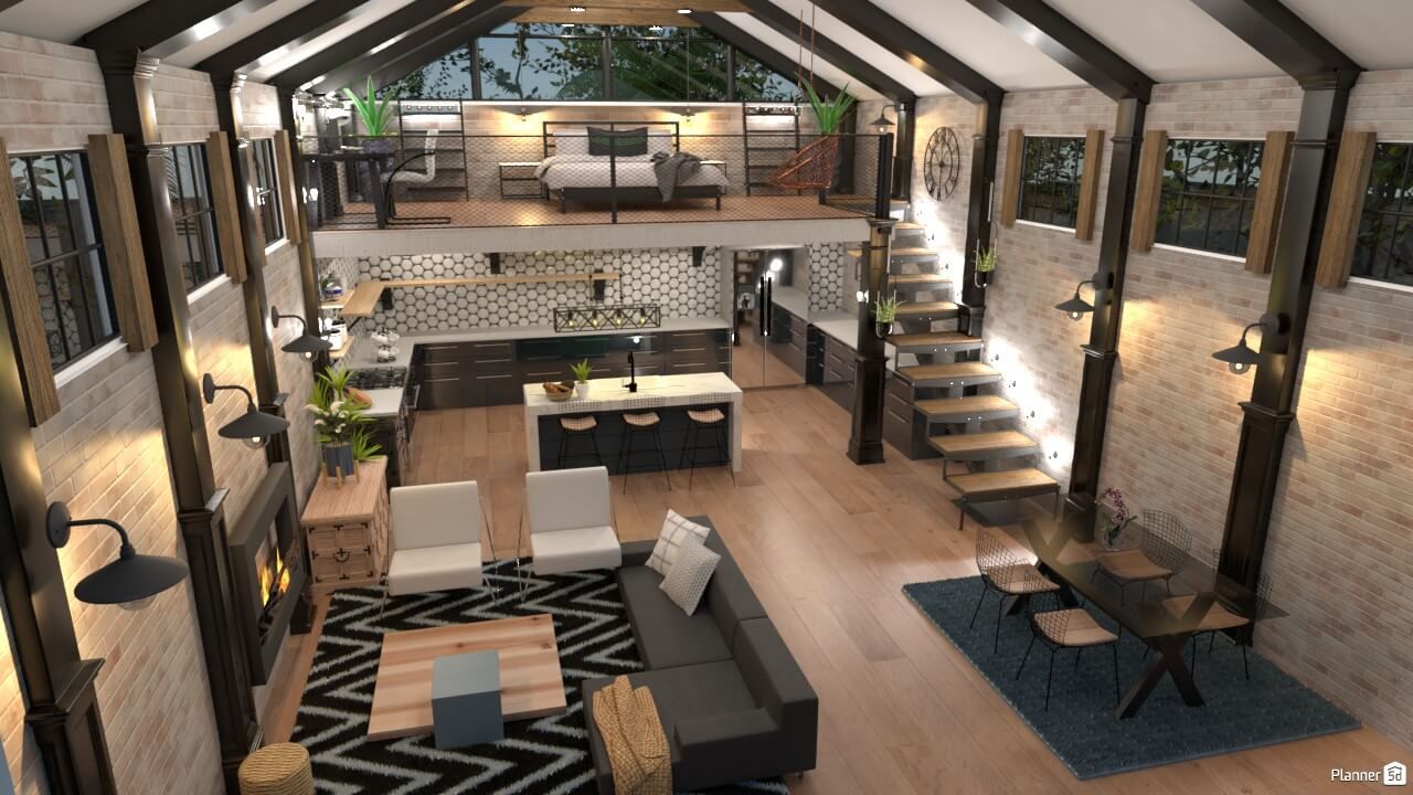 O vedere aeriană a unui living , sufragerie , bucătărie și scări.