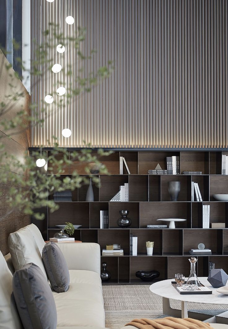 O cameră de zi cu o canapea , măsuță de cafea și rafturi.