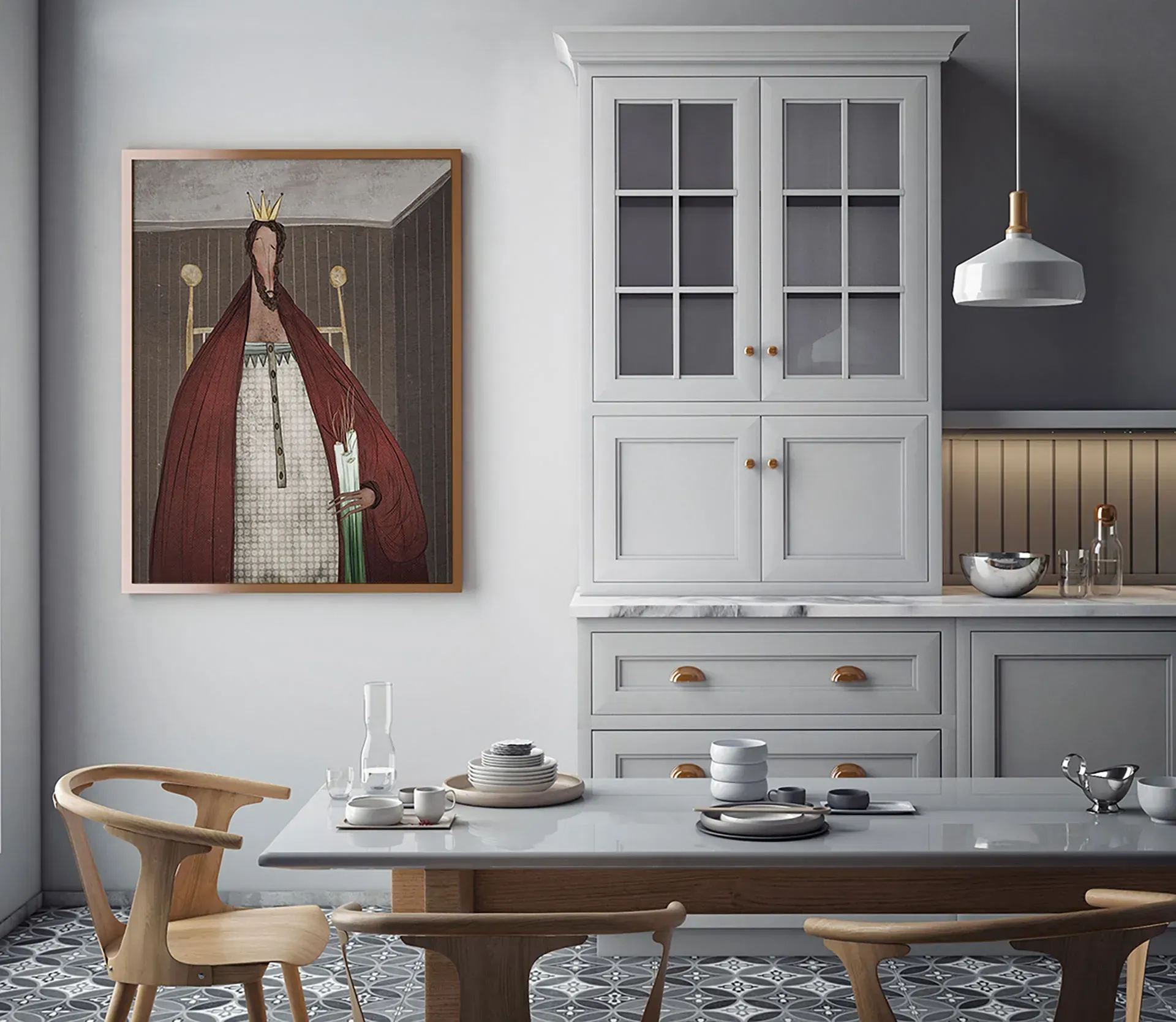 O sufragerie cu o masă și scaune și un tablou pe perete
