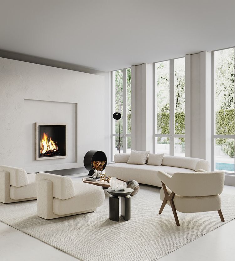 O cameră de zi cu o canapea, scaune și un șemineu.