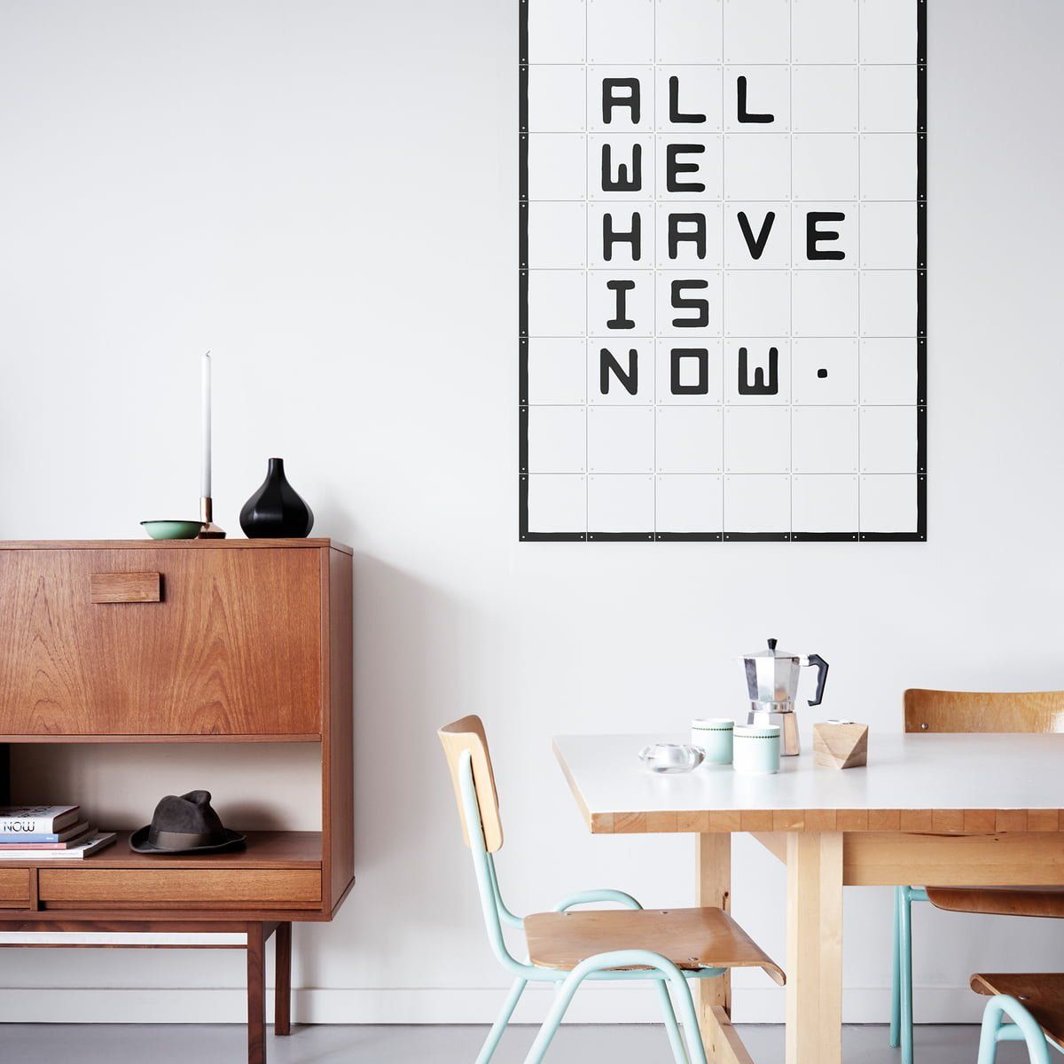 Un afiș pe un perete care spune că tot ce avem este acum