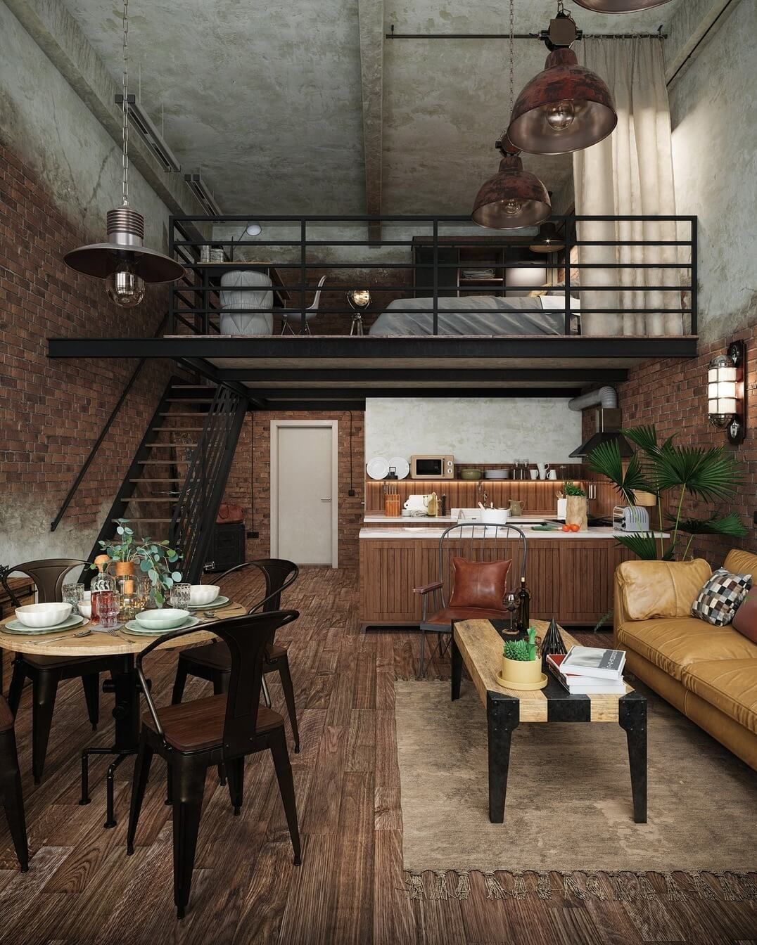 Un living cu o canapea, masă, scaune și scări.