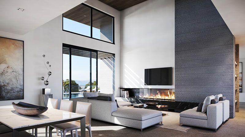 Un living cu șemineu și masă