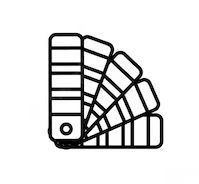 O pictogramă alb-negru a unei palete de culori pe un fundal alb.