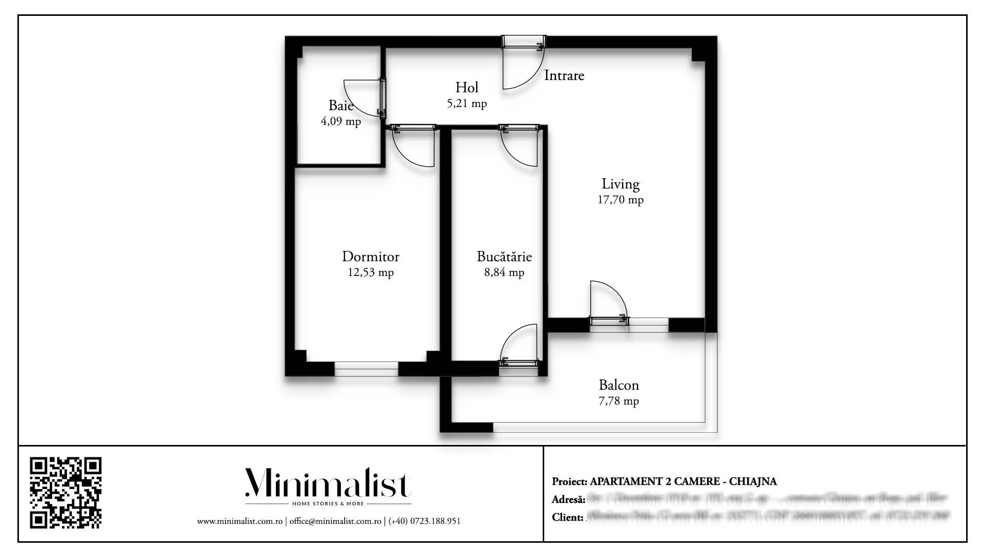 Plan de amenajare pentru apartament 2 camere Chitila - schiță arhitecturală.
