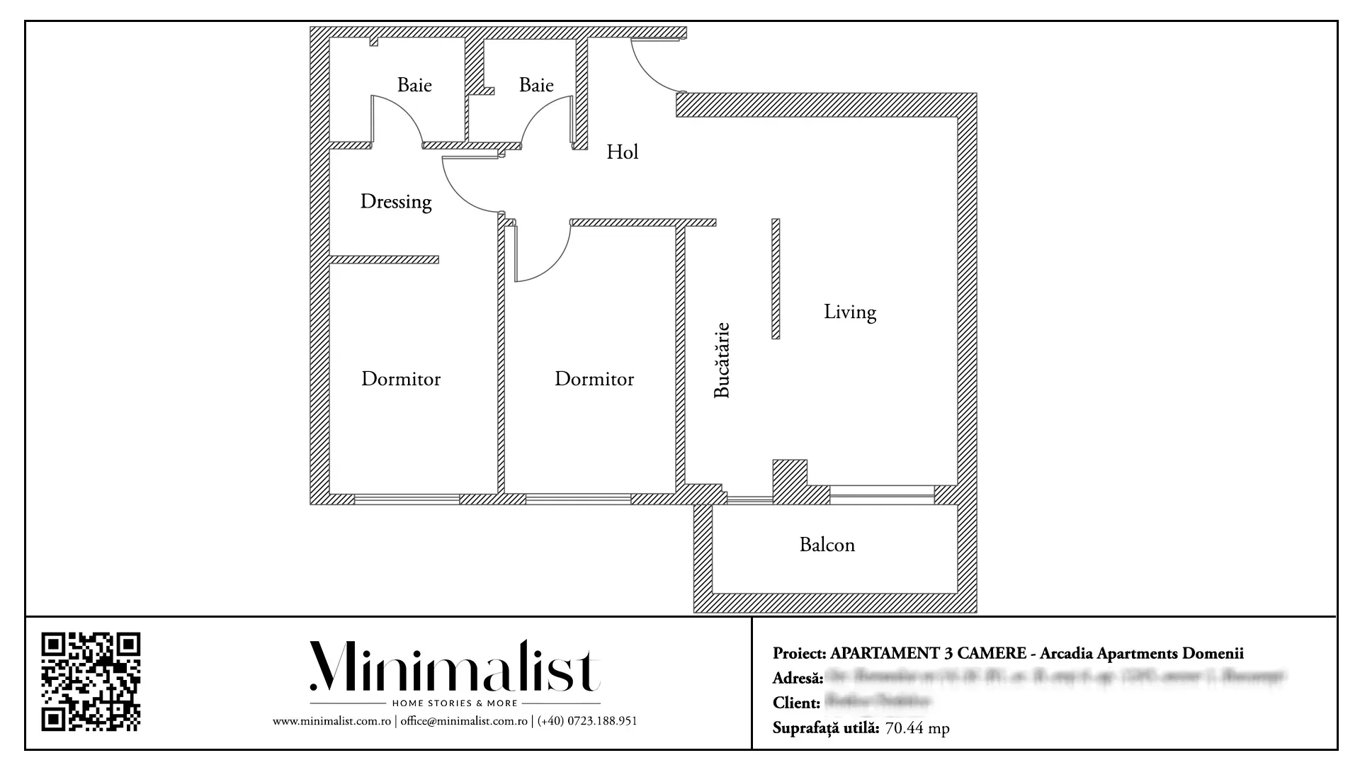 Plan de amenajare pentru apartament 3 camere 70 mp Arcadia Apartment Domenii - schiță arhitecturală.