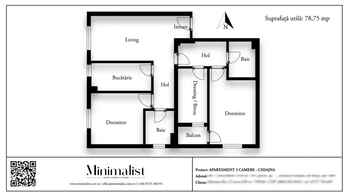 Plan de amenajare pentru apartament 4 camere 79 mp Chitila - schiță arhitecturală.