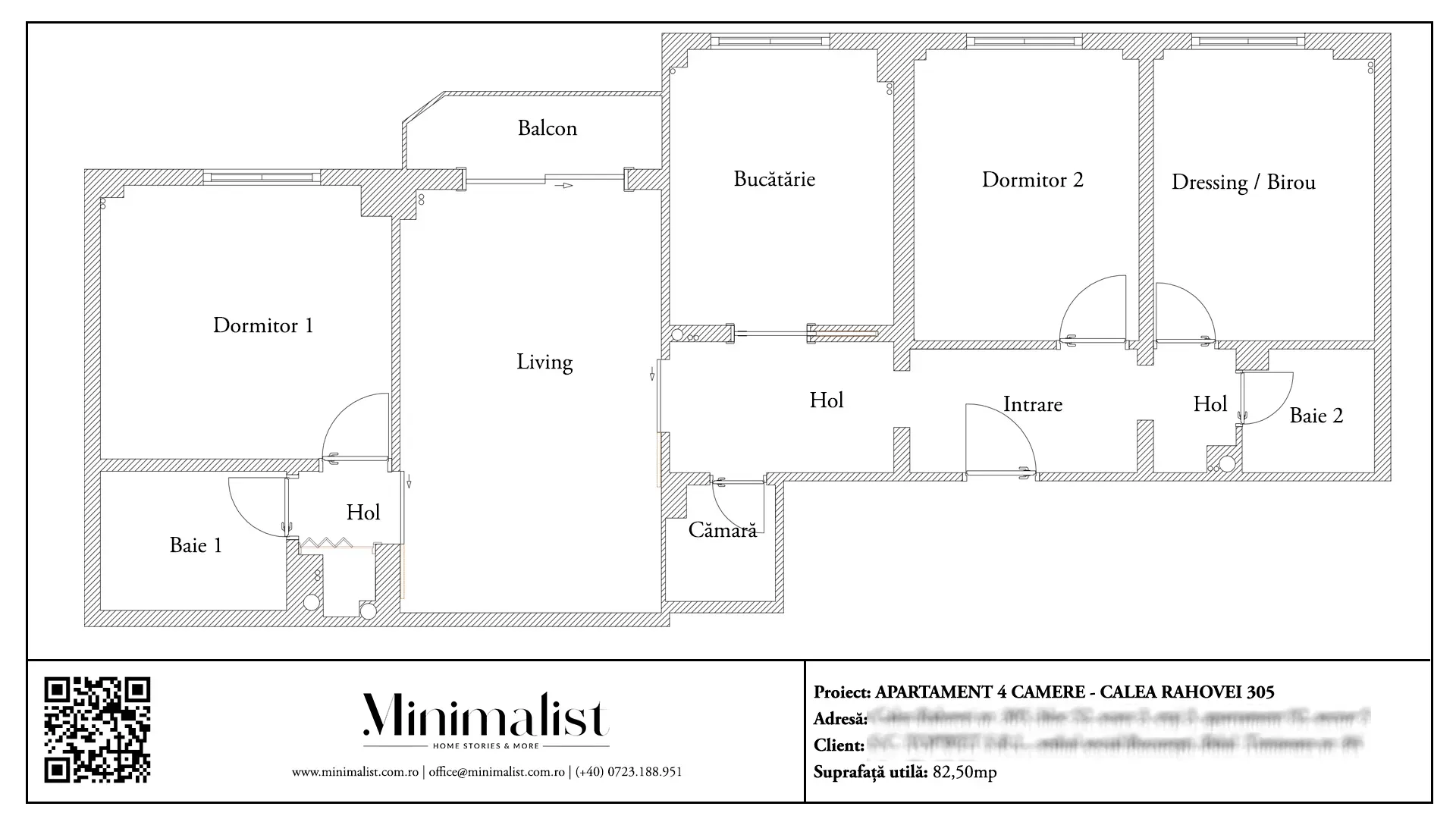 Plan de amenajare pentru apartament 4 camere 83 mp Calea Rahovei - schiță arhitecturală.