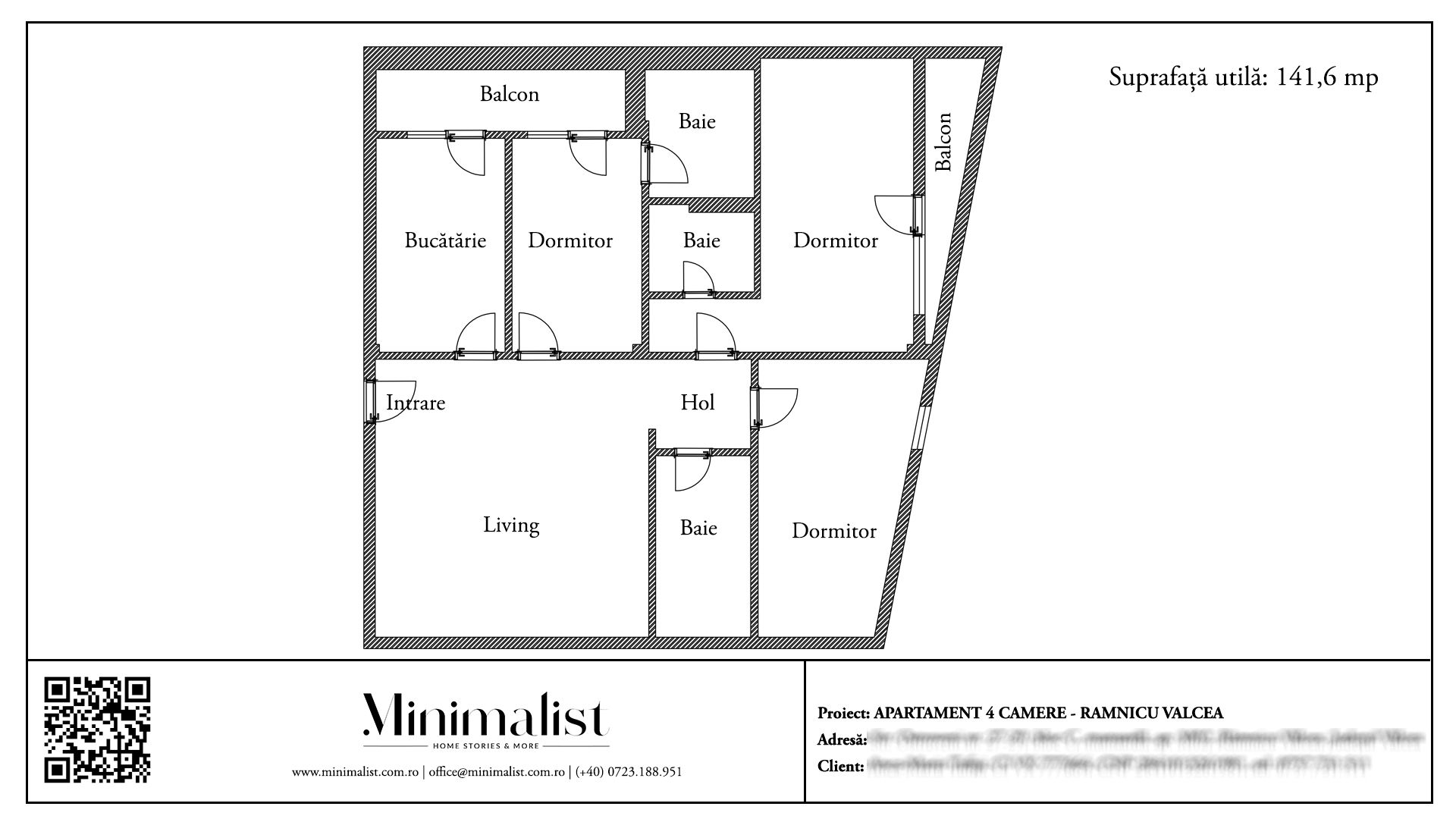 Plan de amenajare pentru apartament 4 camere Râmnicu Vâlcea - schiță arhitecturală.