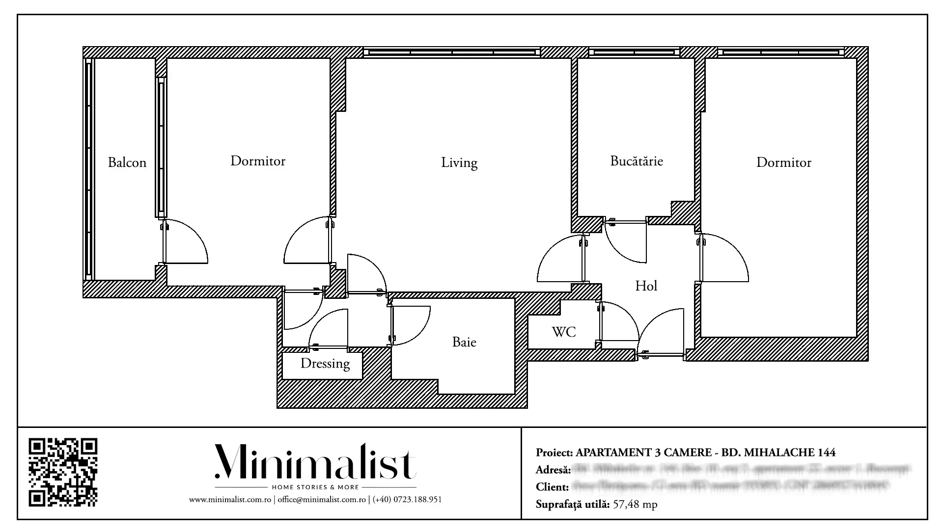 Plan de amenajare pentru apartament 3 camere 60 mp Bd. Mihalache - schiță arhitecturală.