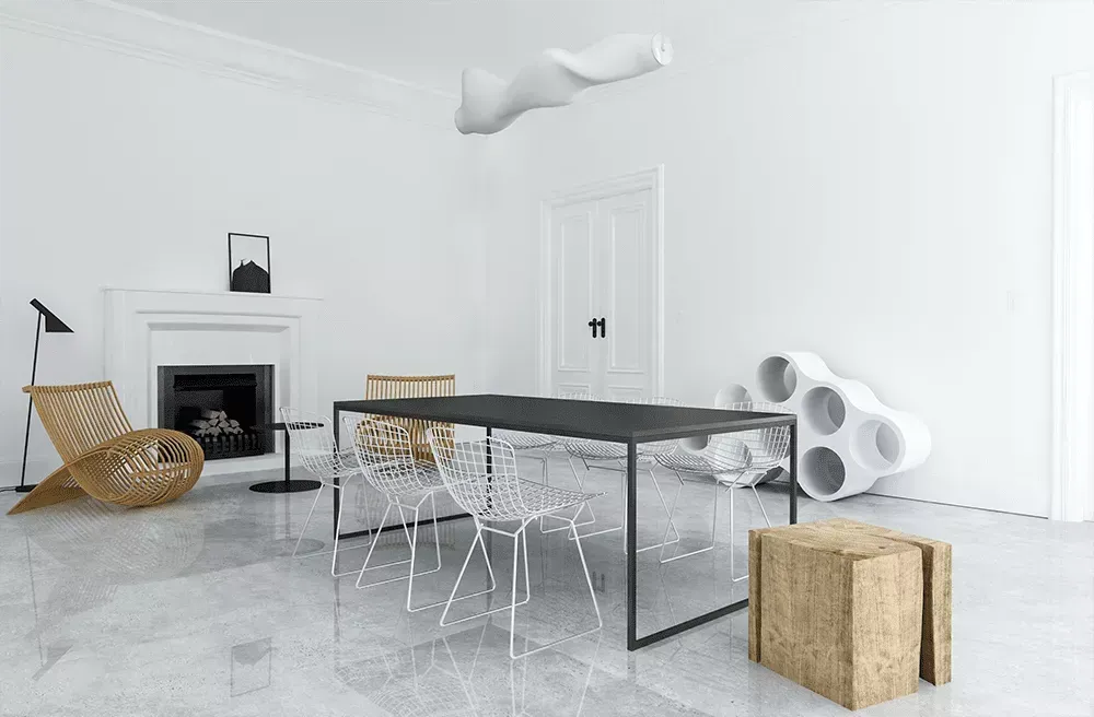 Un living cu o masă și scaune și un șemineu.