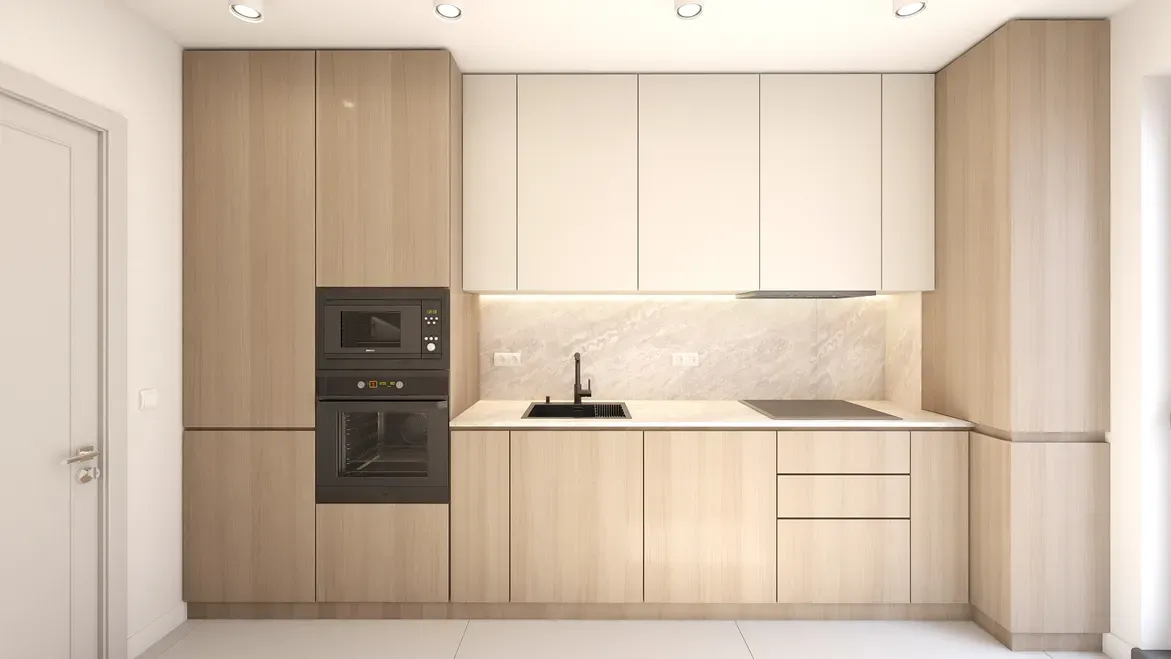 Design minimalist bucatarie lemn natur