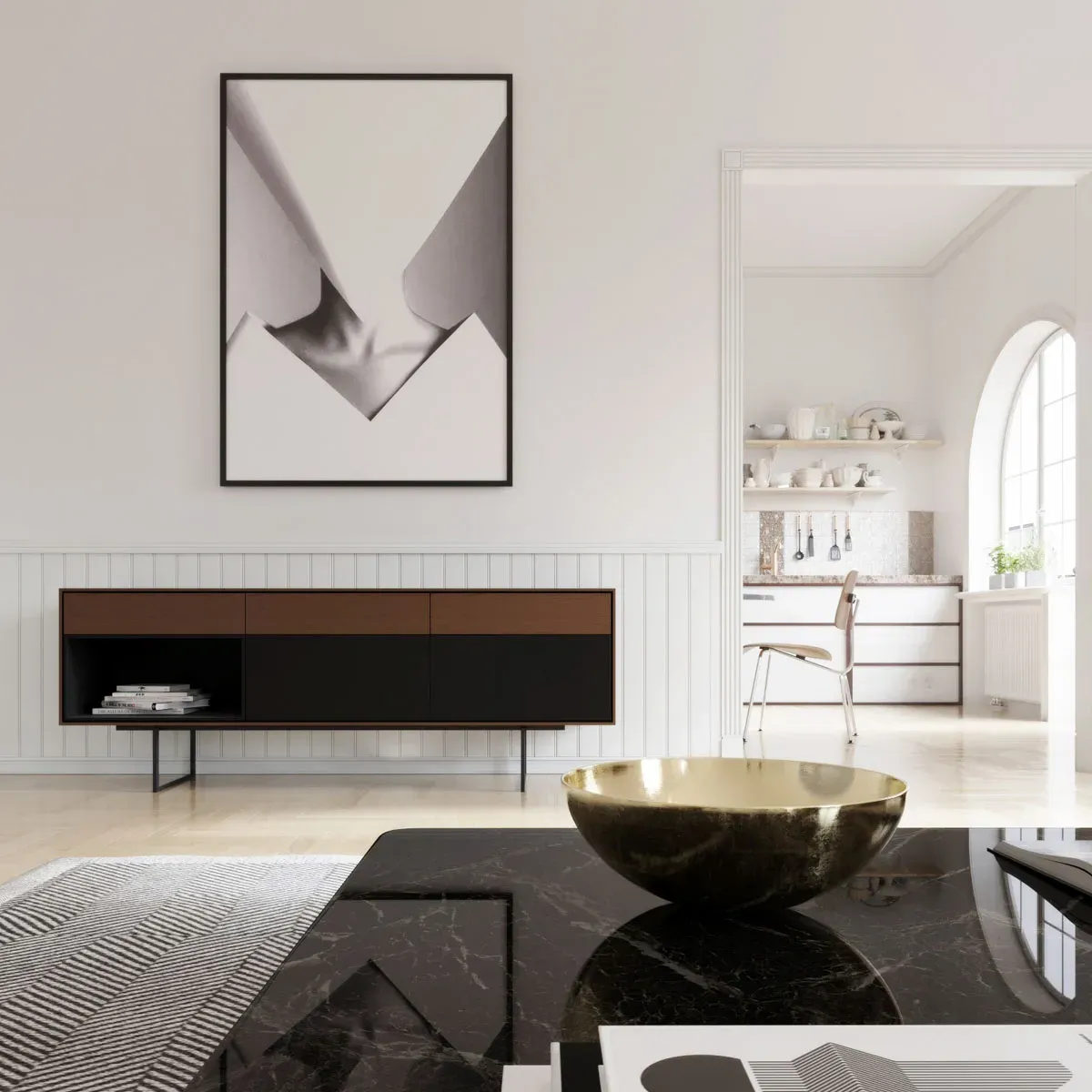 Un living cu o poză pe perete și un vas pe masă