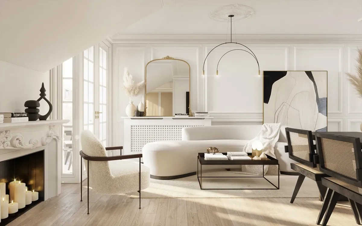 Un living cu o canapea , scaune , masuta de cafea si semineu.